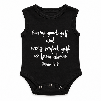 James 1:17 Organic Baby Tank Bodysuit in James 1:17, studio product photo on white.