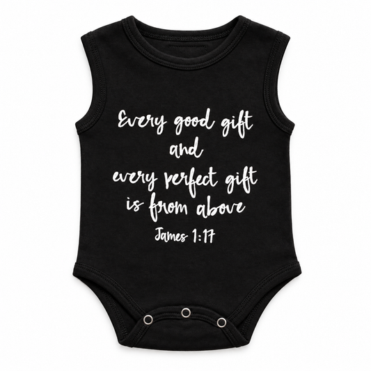 James 1:17 Organic Baby Tank Bodysuit in James 1:17, studio product photo on white.