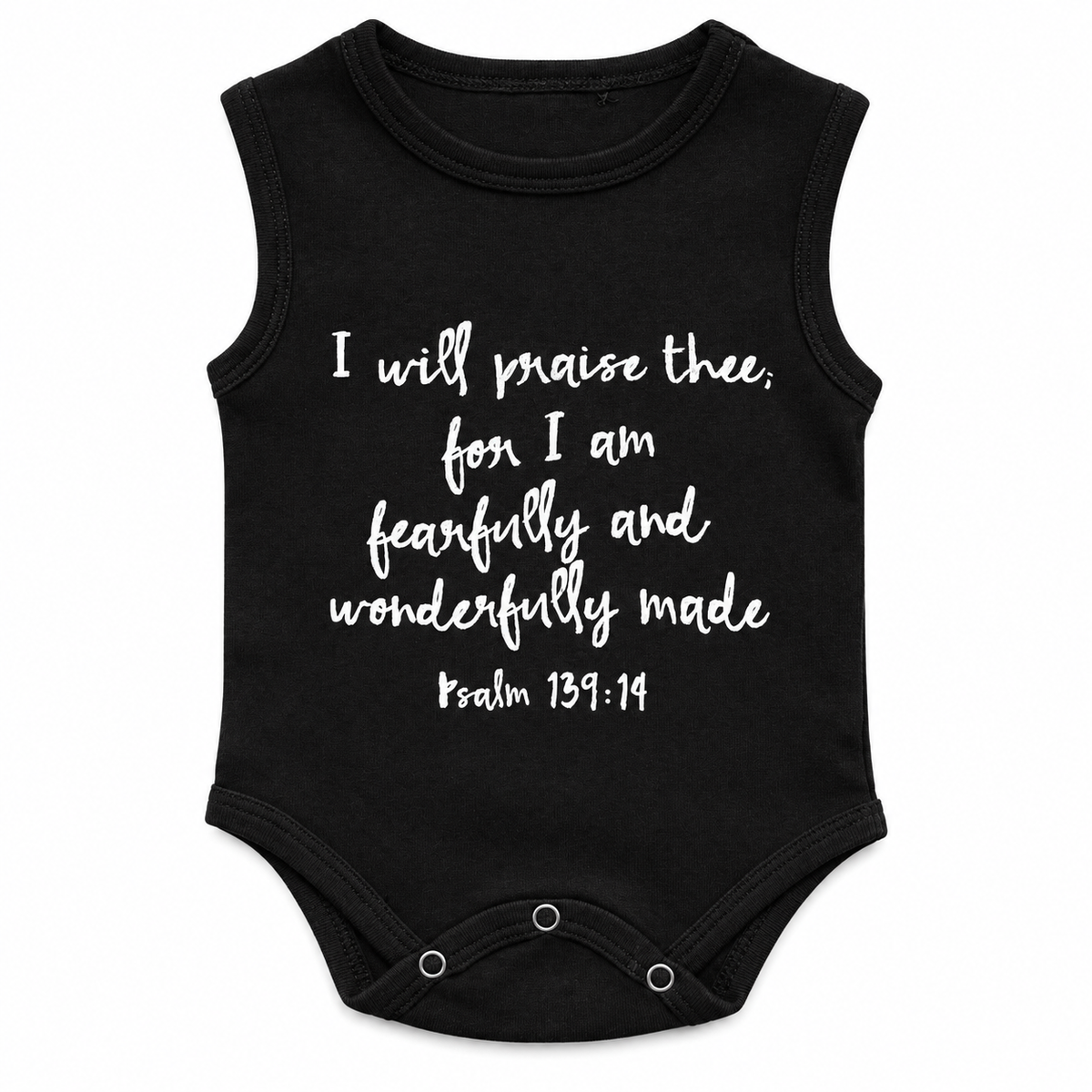 Psalm 139:14 Organic Tank Bodysuit in Psalm 139:14, studio product photo on white.