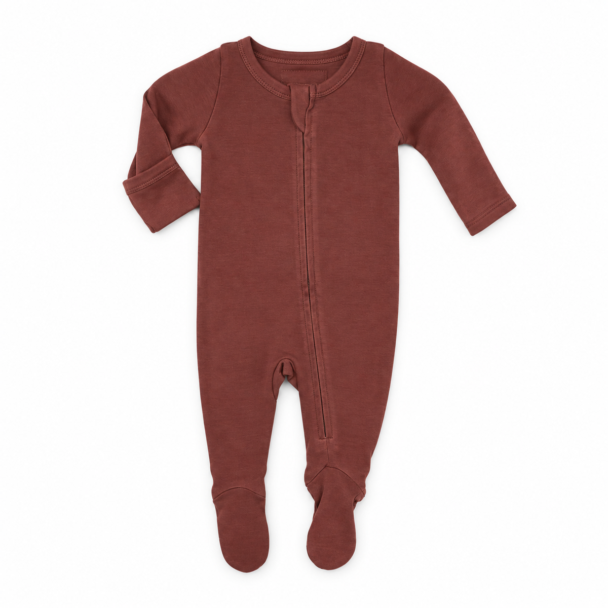 Organic Baby Two-Way Zip Footie in Nutmeg, front view on white.