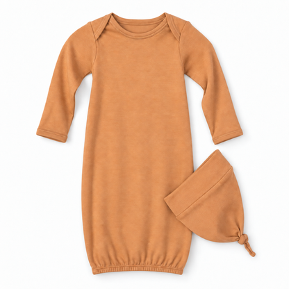Organic Baby Knot Hat + Gown Set | Solid Colors in Dusty Coral, studio product photo on white.