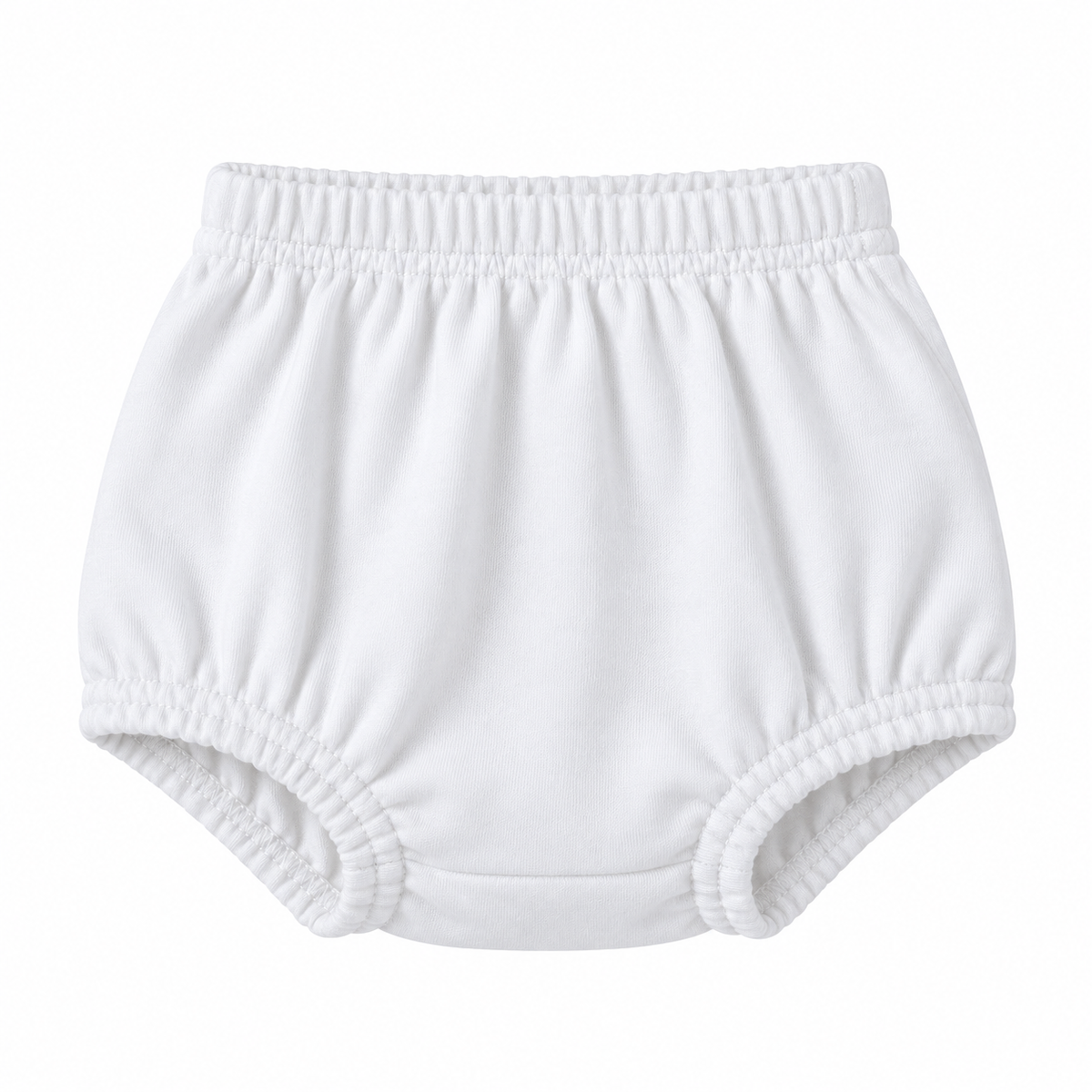 Modern Burlap organic baby bloomers in White, front studio view on white.