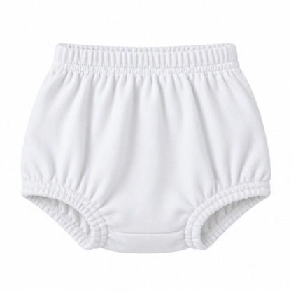Modern Burlap organic baby bloomers in White, front studio view on white.