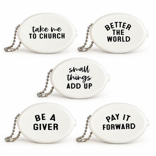 Five white coin pouch message designs at matching scale; choose one design, sold individually.