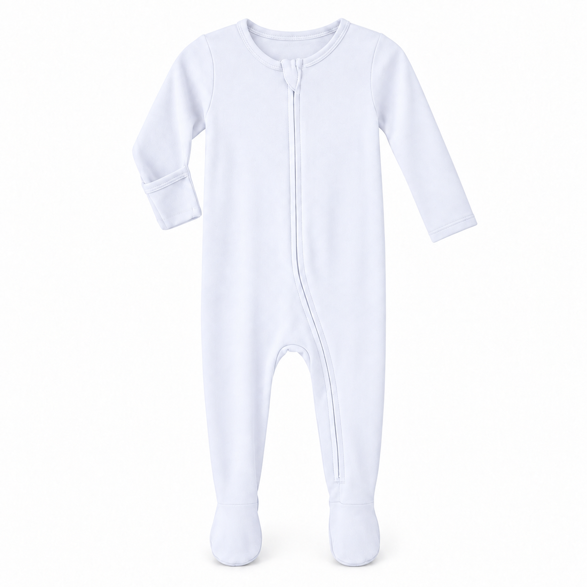 White organic zip footie on white, showing the underside fold-over hand cover.