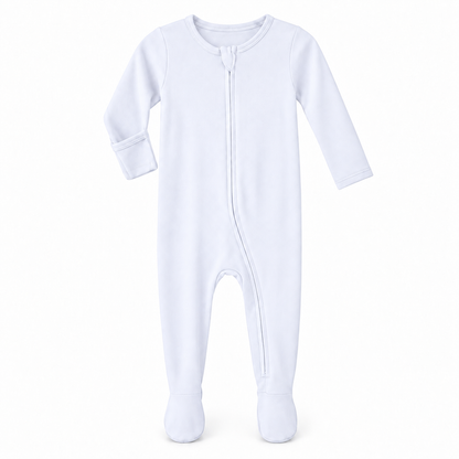 White organic zip footie on white, showing the underside fold-over hand cover.