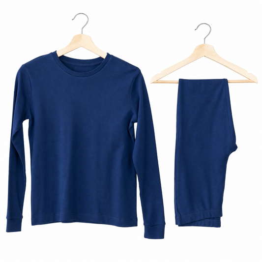 Women’s Organic Cotton Pajama Set | Navy Peony - top and matching pants on a white background