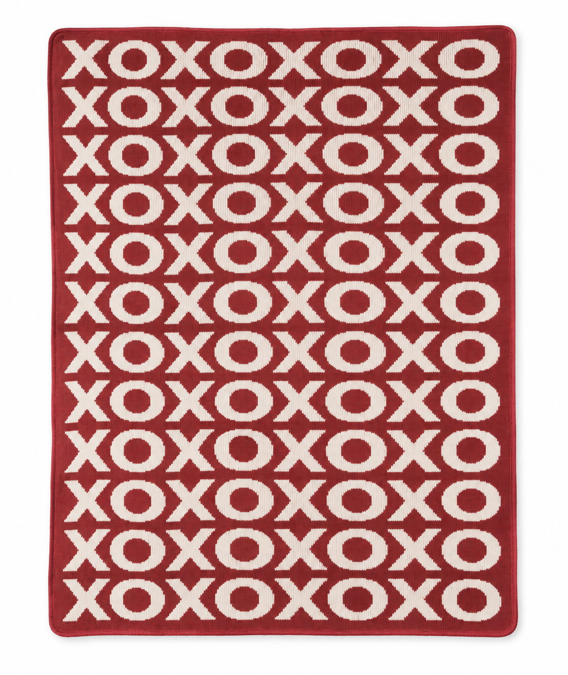 Rust Red XO recycled cotton knit blanket, full front studio view on white.