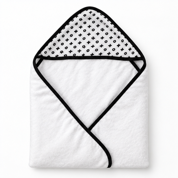 XO Muslin + Terry Hooded Baby Towel — folded studio view on white