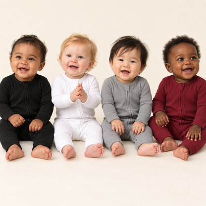 Four babies wearing Black, White, Neutral Gray and Maroon organic thermal zip coveralls.