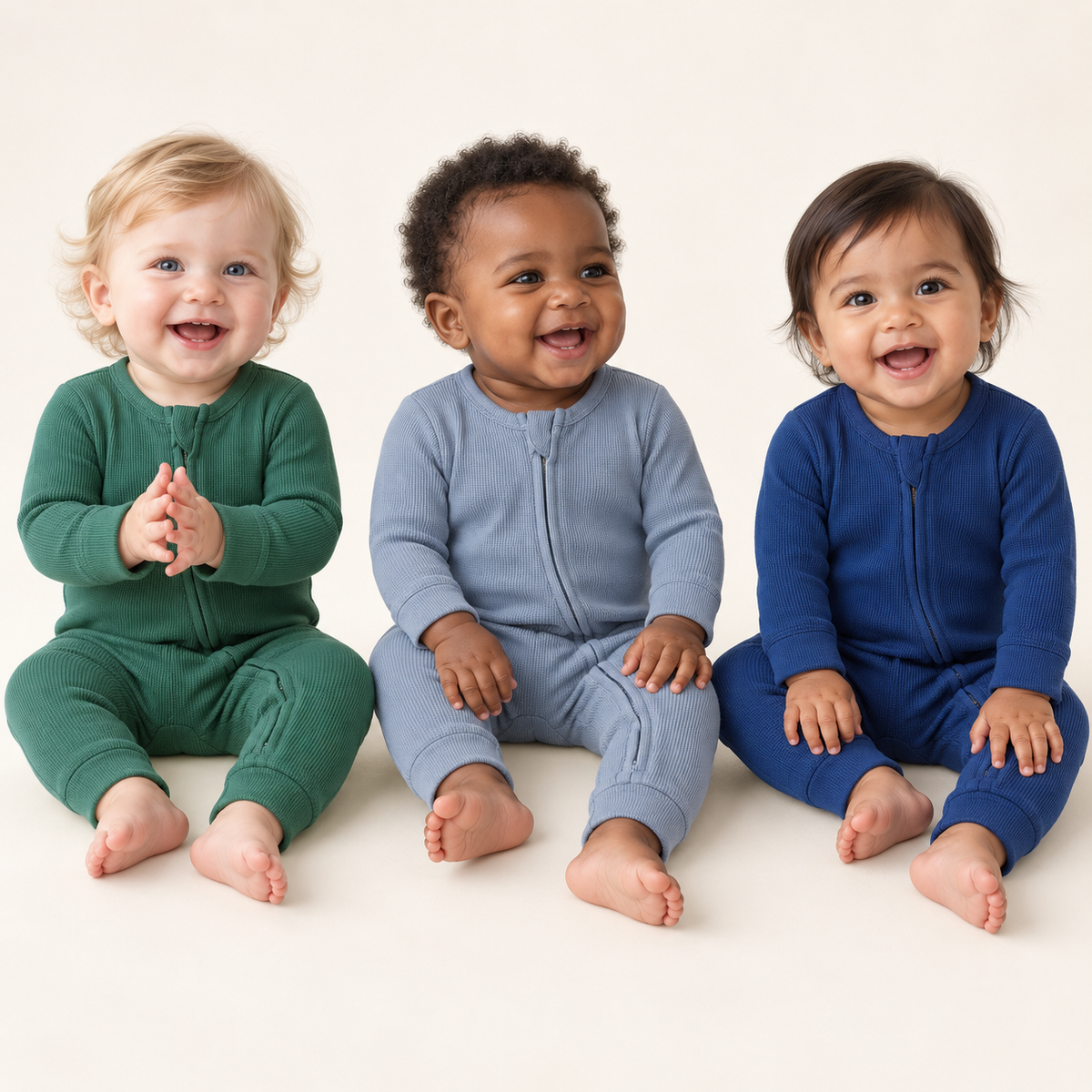Three babies wearing Pine Green, Tradewinds and Navy Peony organic thermal zip coveralls.