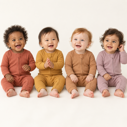 Four babies wearing Aragon, Honey, Ginger and Mauve organic thermal zip coveralls.
