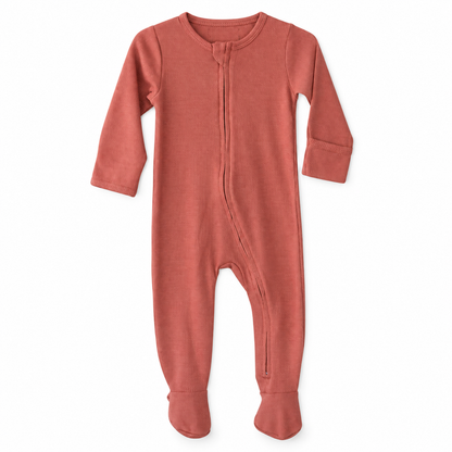 Modern Burlap organic thermal zip footie in Aragon, full front studio view