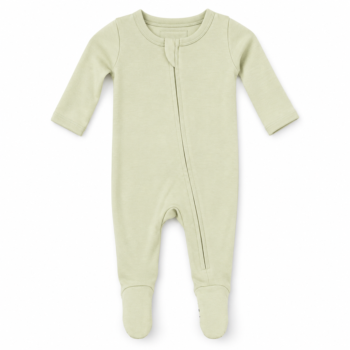 Modern Burlap organic zip footie in Asparagus Green, full front studio view