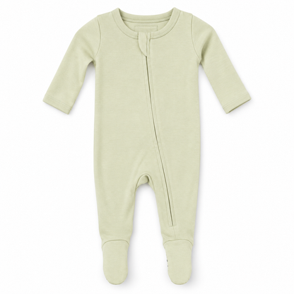 Modern Burlap organic zip footie in Asparagus Green, full front studio view