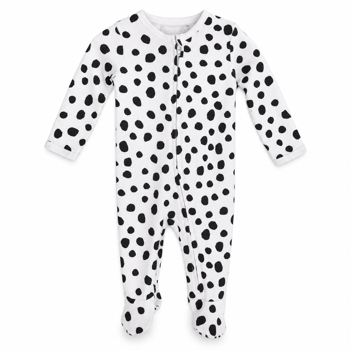 Modern Burlap organic zip footie in B+W Spots ©, full front studio view