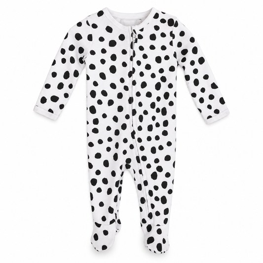 Modern Burlap organic zip footie in B+W Spots ©, full front studio view