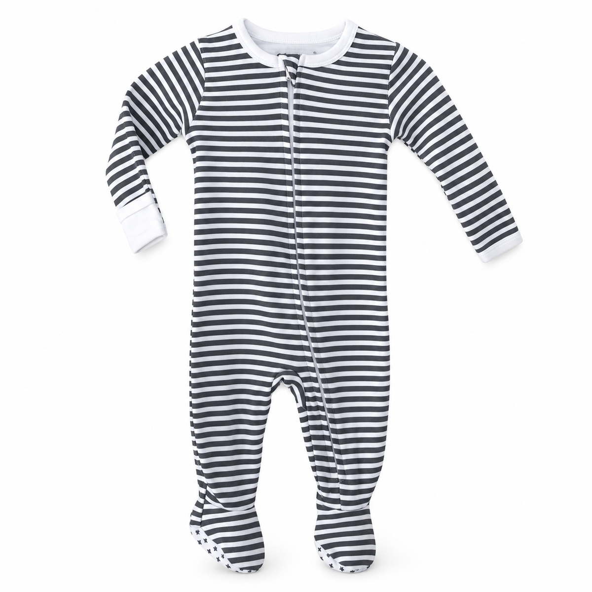 Modern Burlap organic zip footie in B+W Stripes, full front studio view