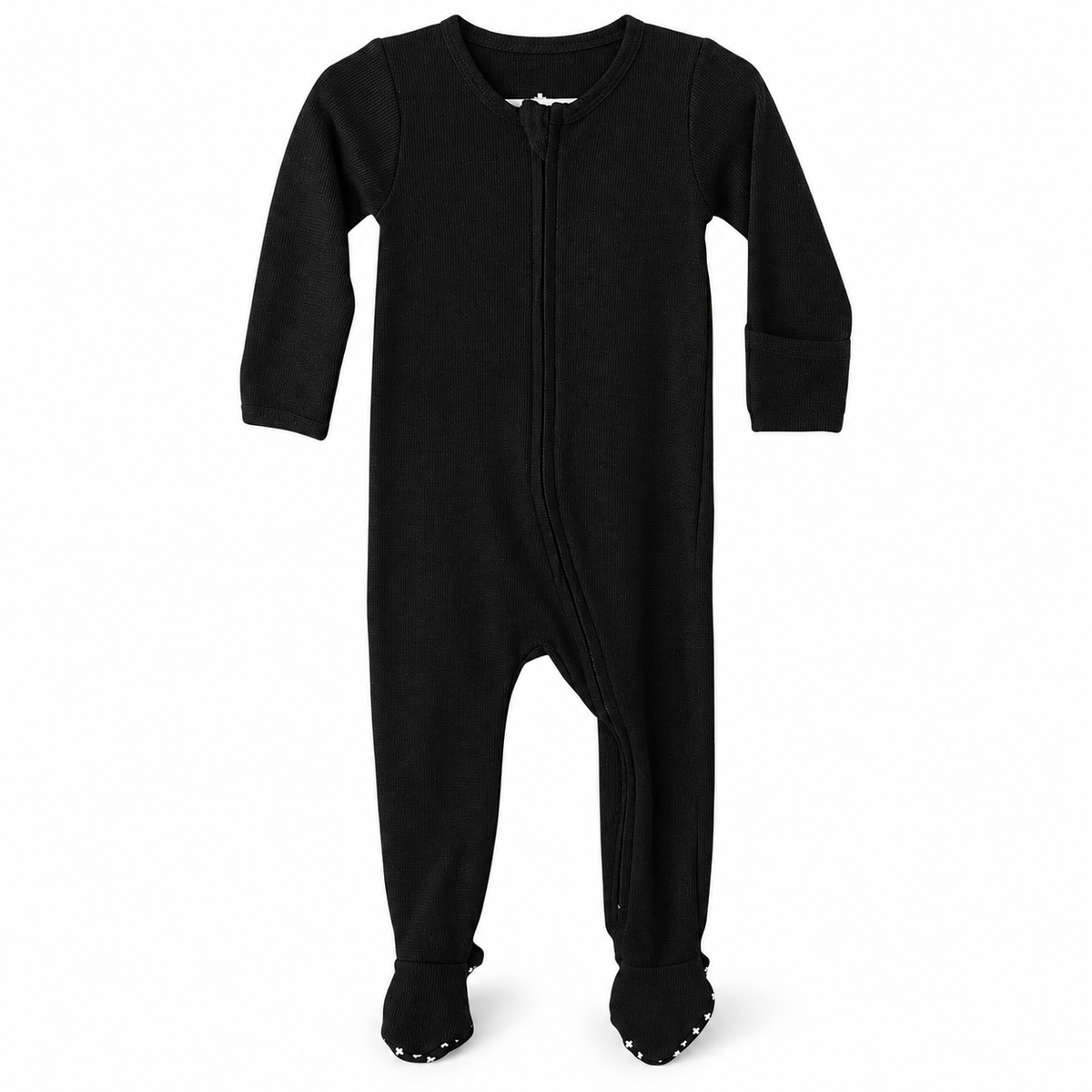 Modern Burlap organic thermal zip footie in Black, full front studio view