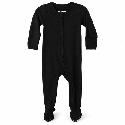 Modern Burlap organic thermal zip footie in Black, full front studio view