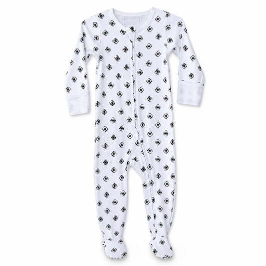 Modern Burlap organic zip footie in Black on White Snowflakes, full front studio view