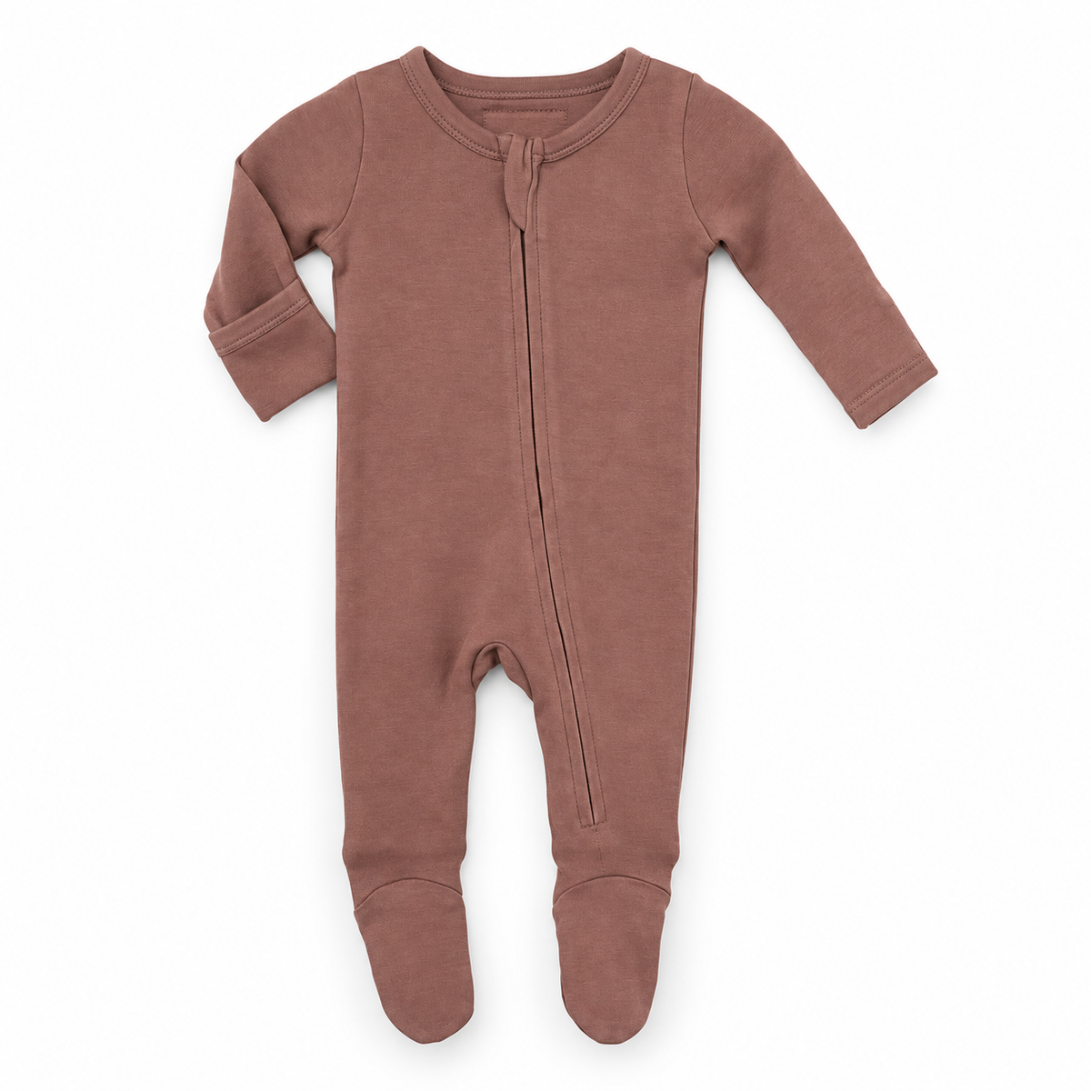 Modern Burlap organic zip footie in Burlwood, full front studio view