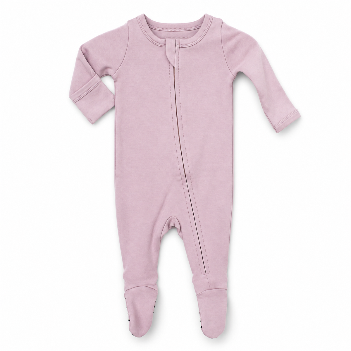 Modern Burlap organic zip footie in Burnished Lilac, full front studio view