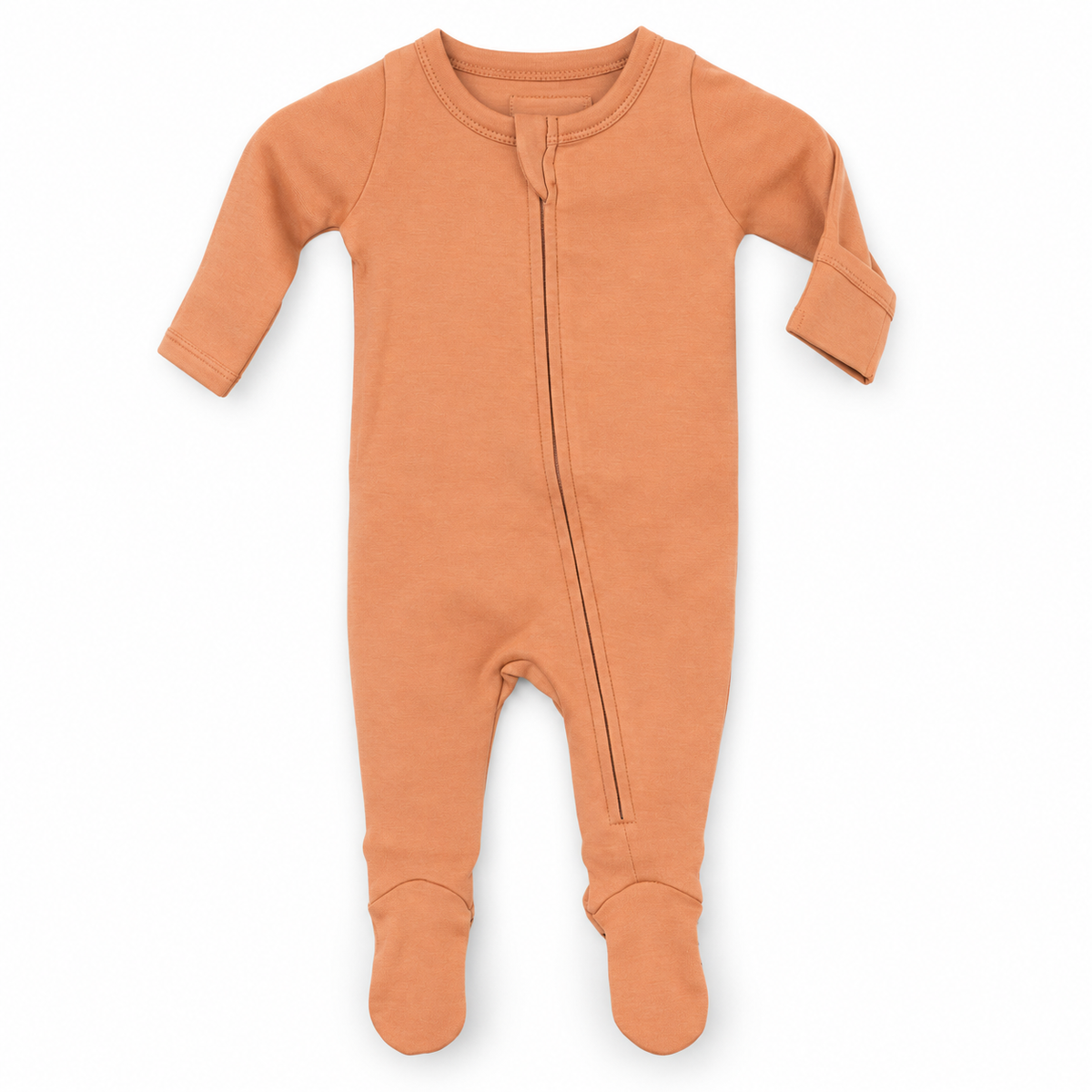 Modern Burlap organic zip footie in Dusty Coral, full front studio view