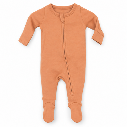 Modern Burlap organic zip footie in Dusty Coral, full front studio view