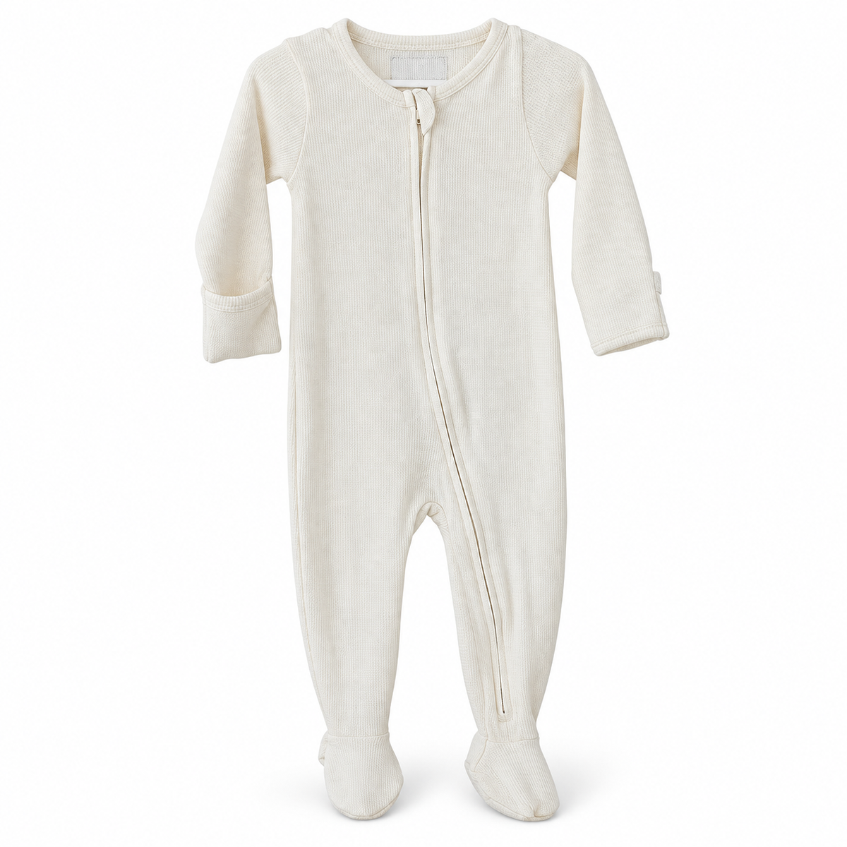Modern Burlap organic thermal zip footie in Eggnog, full front studio view