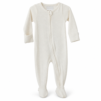 Modern Burlap organic thermal zip footie in Eggnog, full front studio view