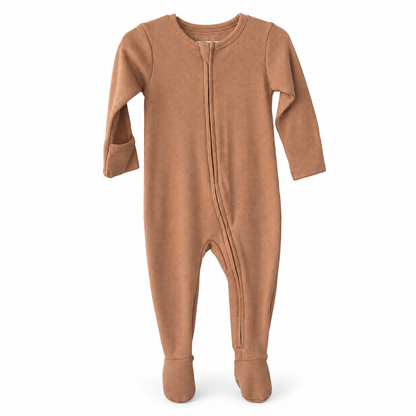 Modern Burlap organic thermal zip footie in Ginger, full front studio view
