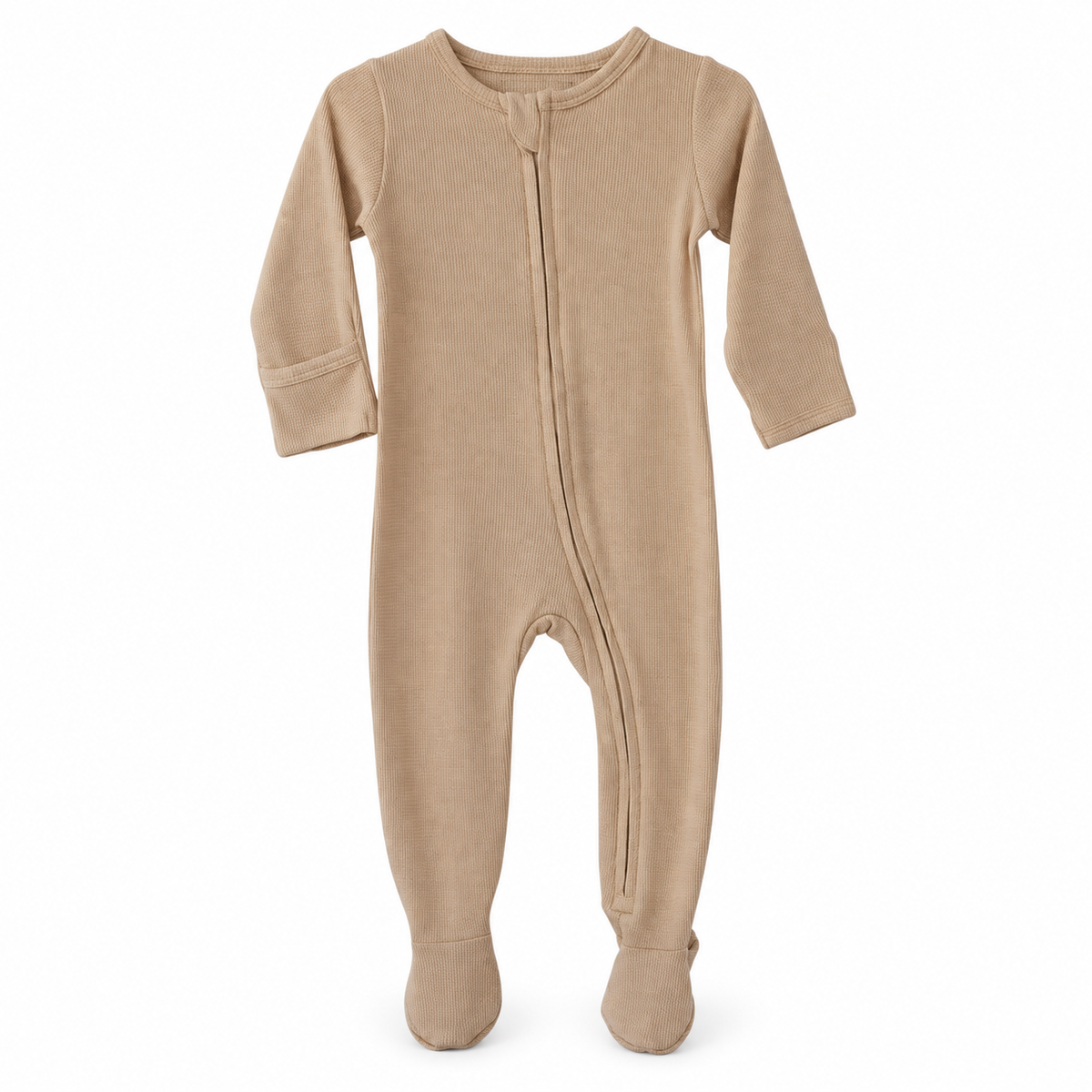 Modern Burlap organic thermal zip footie in Hazelnut, full front studio view