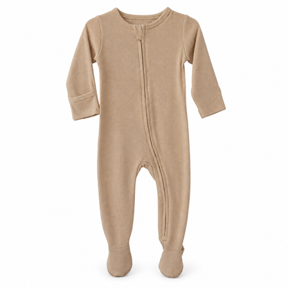 Modern Burlap organic thermal zip footie in Hazelnut, full front studio view
