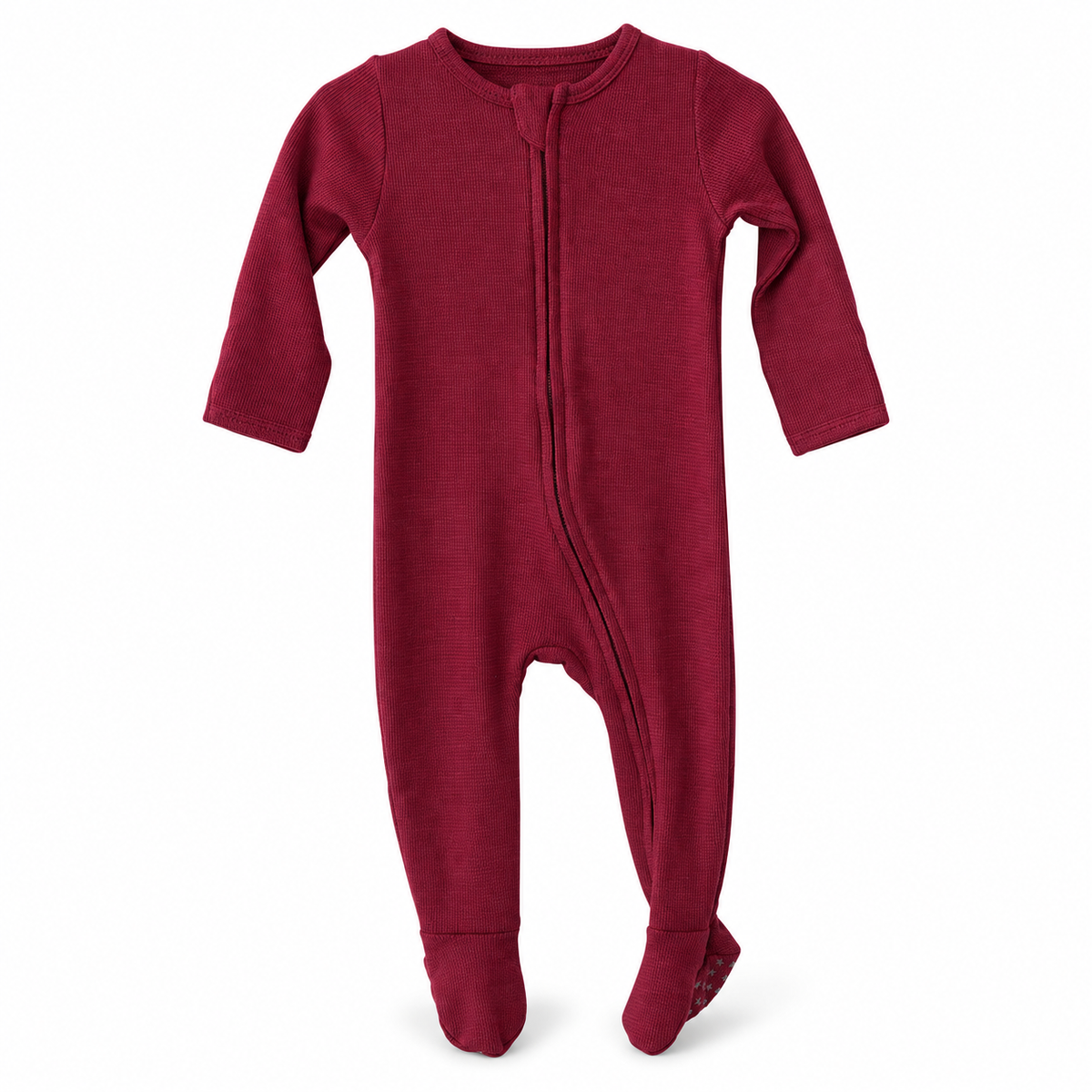 Modern Burlap organic thermal zip footie in Maroon, full front studio view