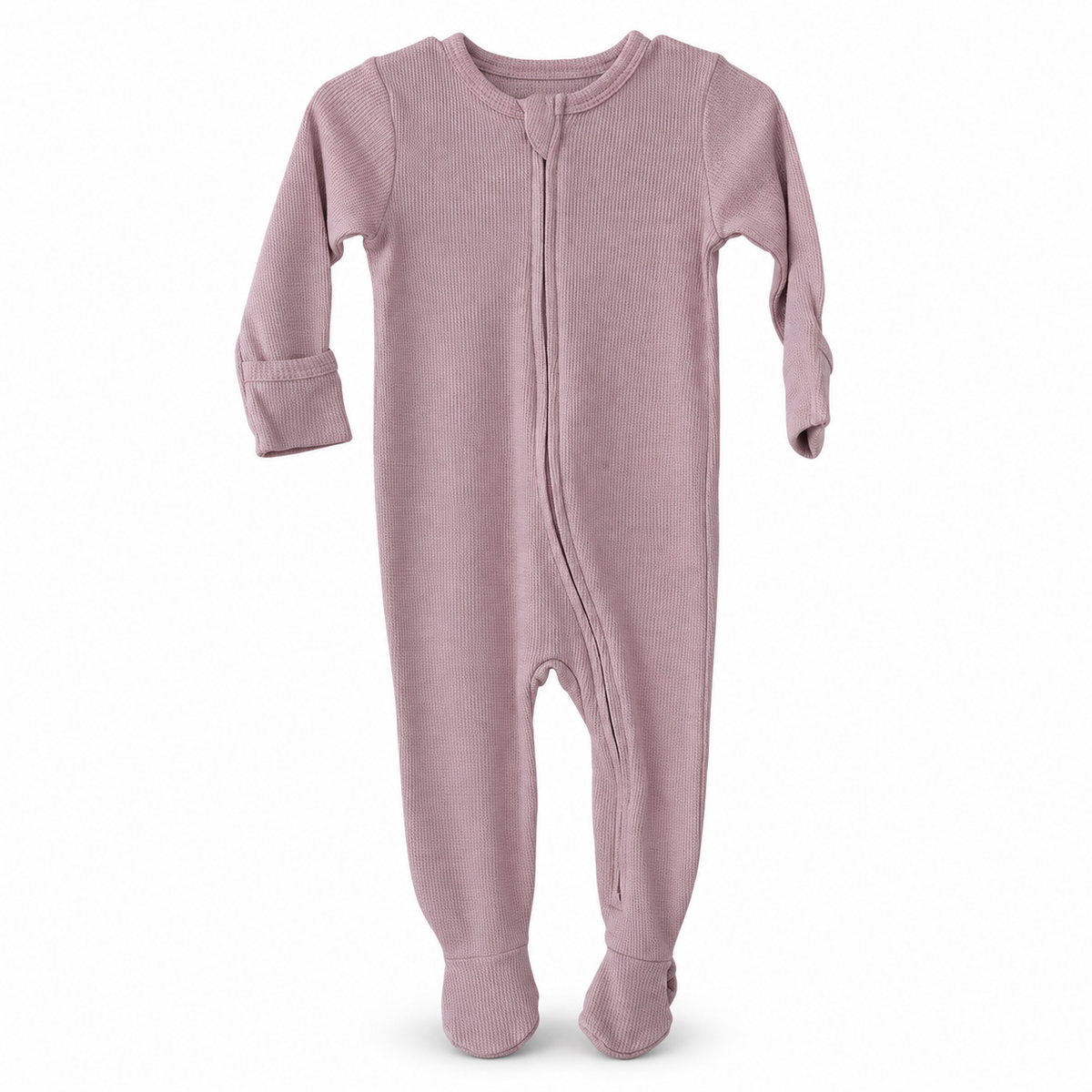 Modern Burlap organic thermal zip footie in Mauve, full front studio view