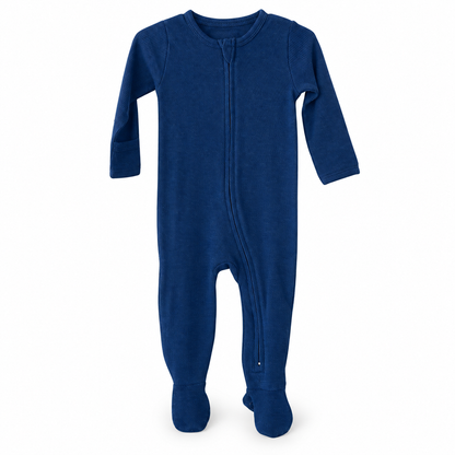 Modern Burlap organic thermal zip footie in Navy Peony, full front studio view