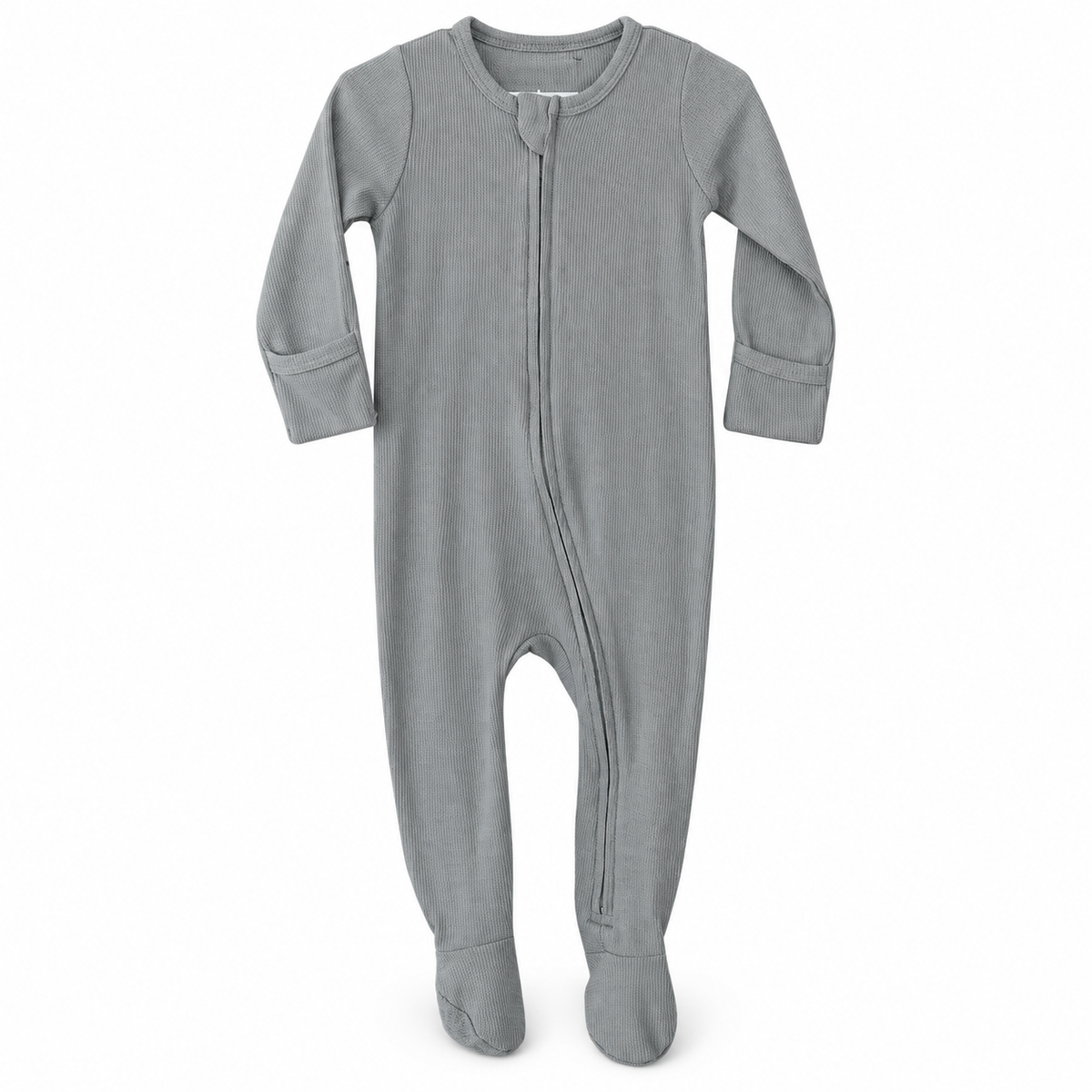 Modern Burlap organic thermal zip footie in Neutral Gray, full front studio view