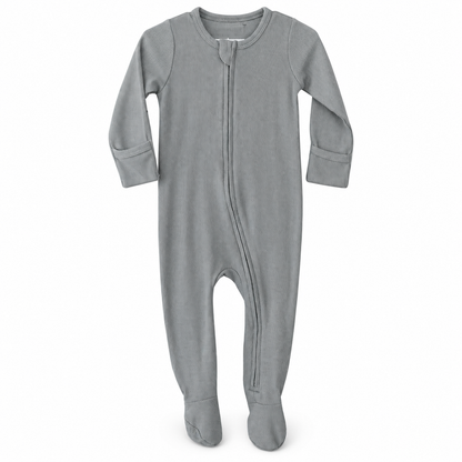 Modern Burlap organic thermal zip footie in Neutral Gray, full front studio view