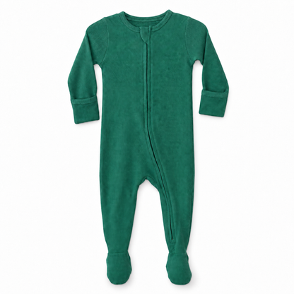 Modern Burlap organic thermal zip footie in Pine Green, full front studio view