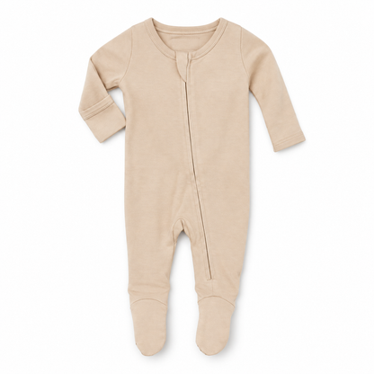 Modern Burlap organic zip footie in Shifting Sand, full front studio view