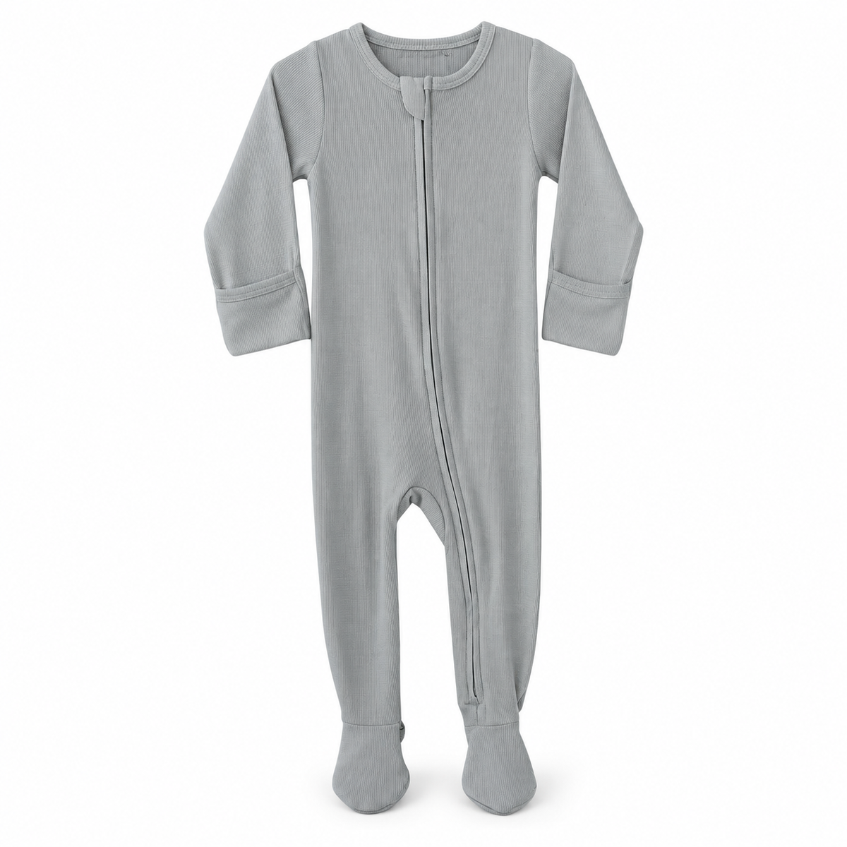 Modern Burlap organic thermal zip footie in Silver, full front studio view