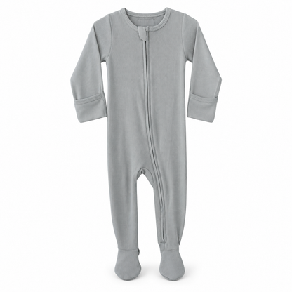 Modern Burlap organic thermal zip footie in Silver, full front studio view