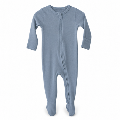 Modern Burlap organic thermal zip footie in Tradewinds, full front studio view