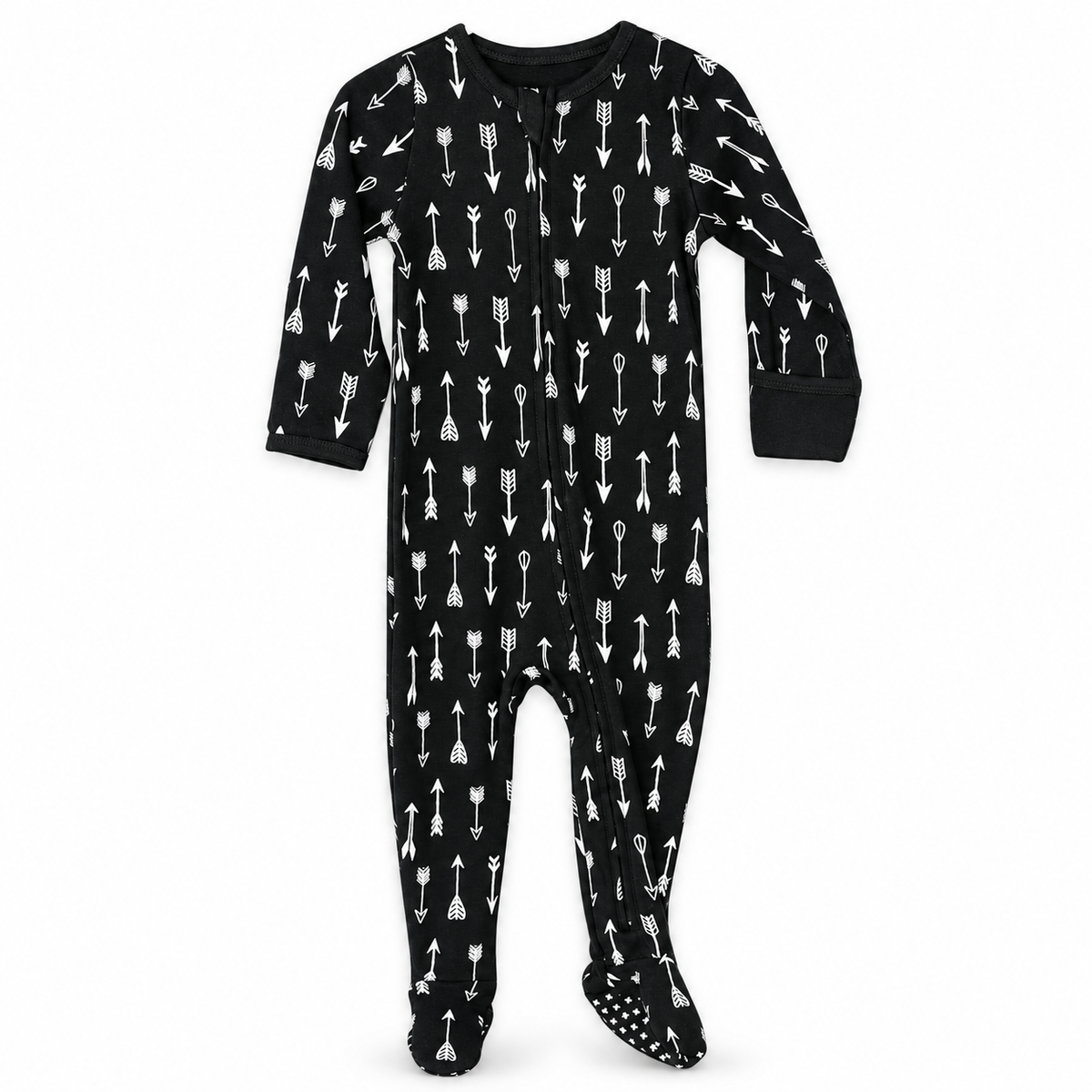 Modern Burlap organic zip footie in White on Black Arrows, full front studio view