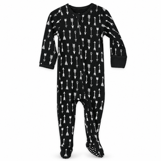 Modern Burlap organic zip footie in White on Black Arrows, full front studio view
