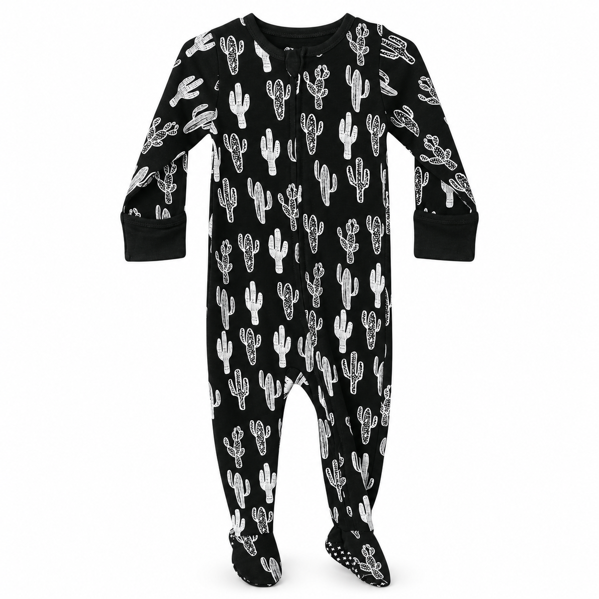 Modern Burlap organic zip footie in White on Black Cactus, full front studio view