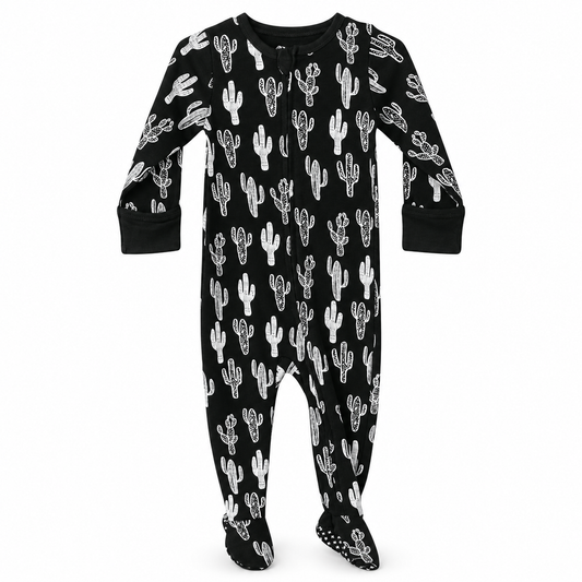 Modern Burlap organic zip footie in White on Black Cactus, full front studio view