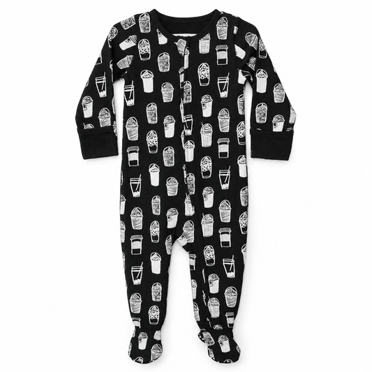 Modern Burlap organic zip footie in White on Black Coffee Love, full front studio view