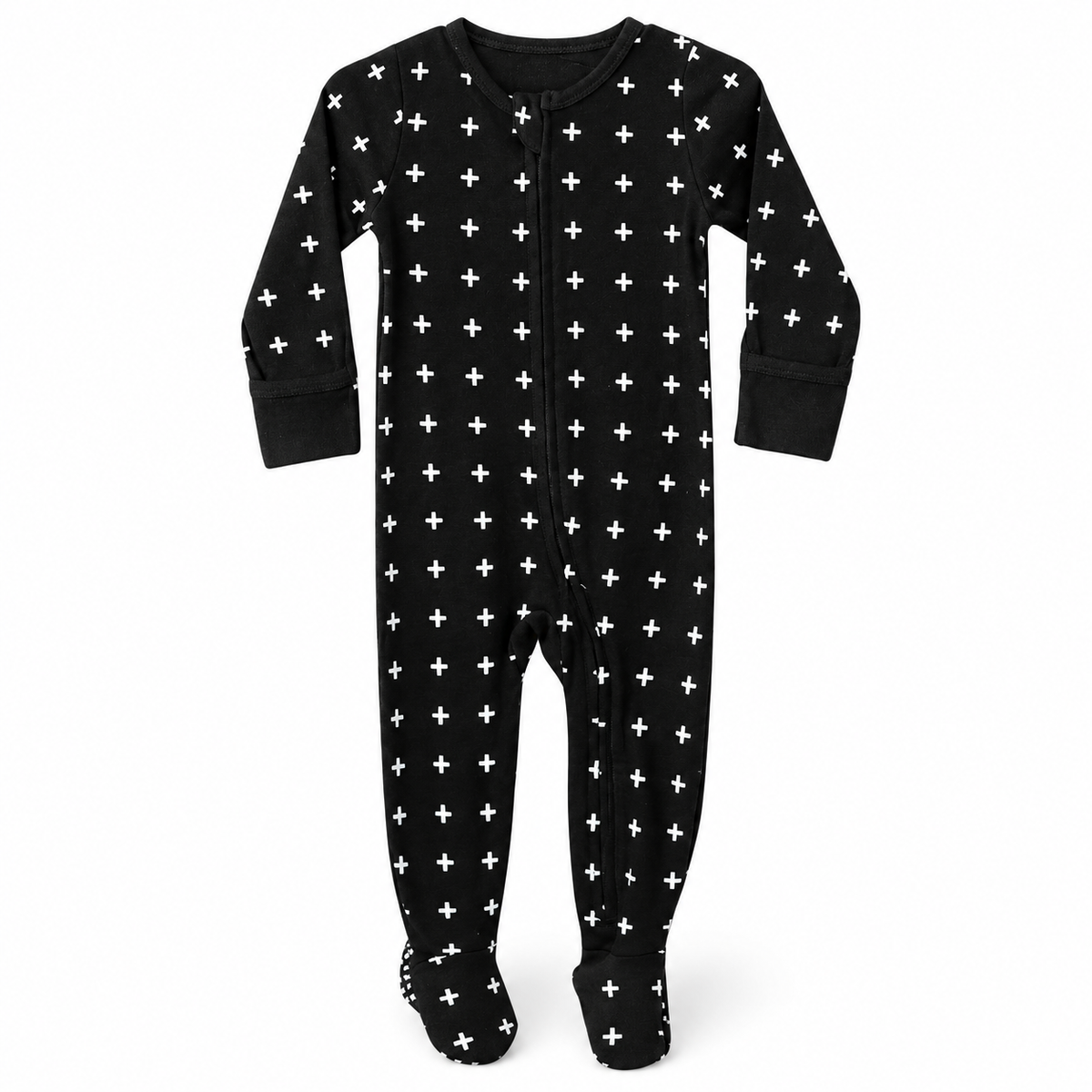 Modern Burlap organic zip footie in White on Black Swiss Cross, full front studio view